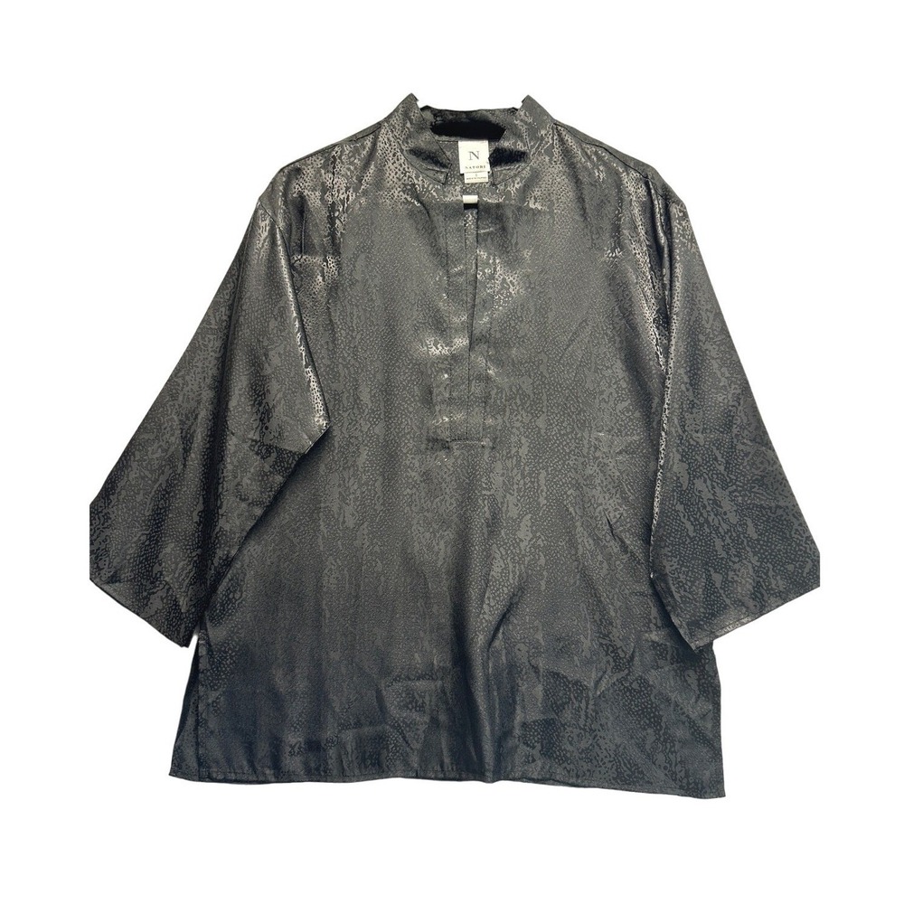 Natori Womens Grey Snakeskin Jacquard Satin Split Neck Tunic Top Size S